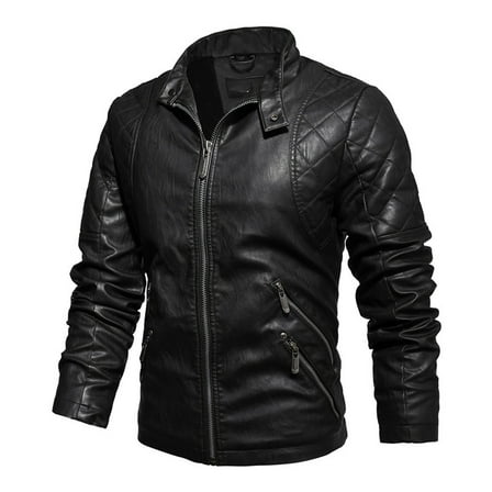 Somuwie Men's Motorcycle Leather Jacket PU Leather Stand Collar Knitted Hooded Zipper Jacket