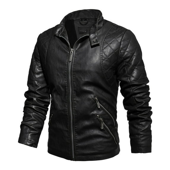 Somuwie Clearance Men's Motorcycle Leather Jacket PU Leather Stand Collar Knitted Hooded Zipper Jacket