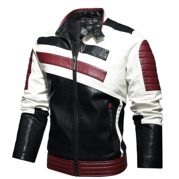 Somuwie Clearance Men's Motorcycle Racing Suit Color Blocking PU Simulation Leather Zipper Jacket