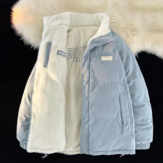 Somuwie Clearance Men's Solid Color Corduroy Double-sided Plush Long Sleeved Shirt With Thick Velvet Stand Up Collar Pocket Zipper Cotton Jacket