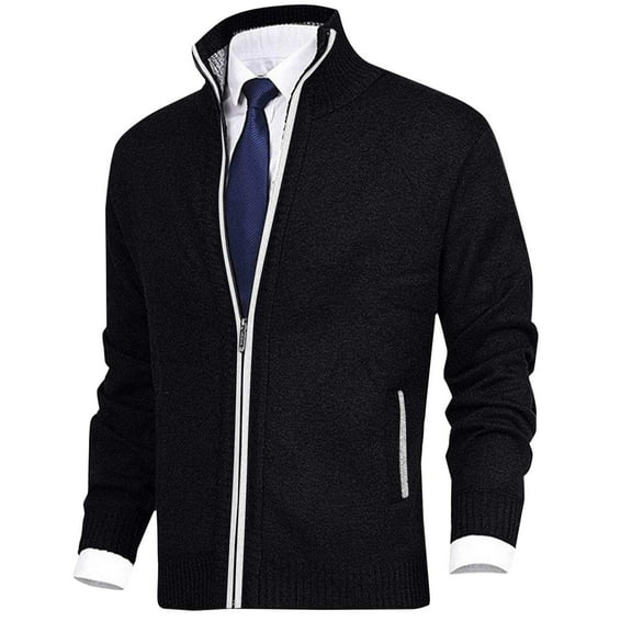 Somuwie Clearance Men's solid color zipper long sleeve hoodless pocket knitted casual jacket