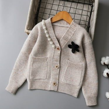 Somuwie Clearance Winter Girls Pearl Flower Tweed Cardigan Casual Fashion Children's Sweater (120-160 Size) (5-12years)
