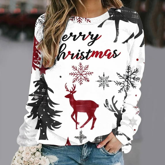Somuwie Winter Women's Fashion Christmas Tree Printed Round Neck Raglan Long Sleeve Sweater
