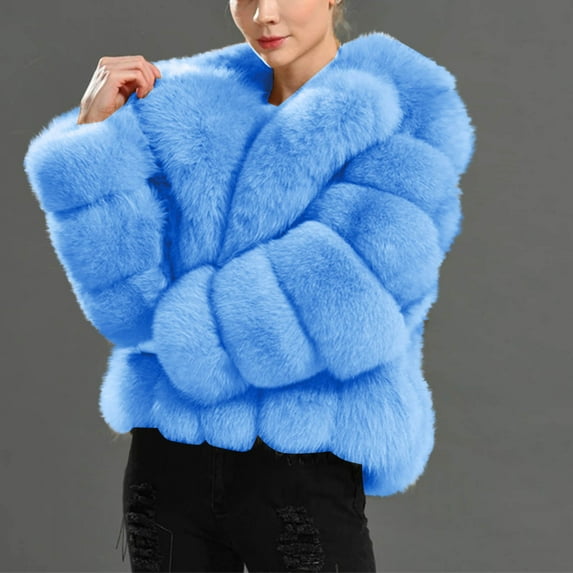 Somuwie Clearance Winter Women's Solid Color Warm Loose Lapel Faux Fox Fur Plush Coat