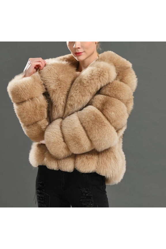 Clearance Winter Women's Solid Color Warm Loose Lapel Faux Fox Fur Plush Coat