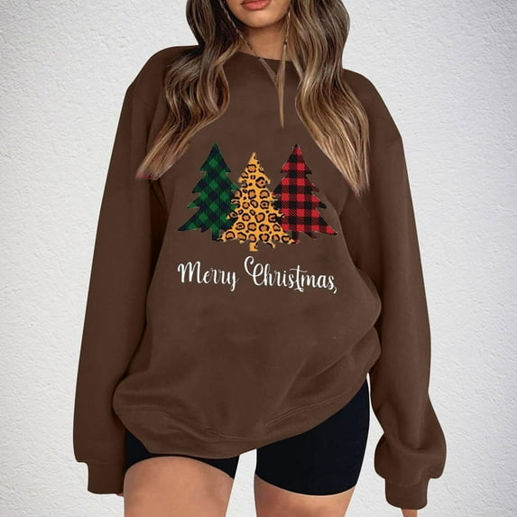 Somuwie Clearance Women's Christmas Tree Letters Leopard Print Long Sleeve Loose Sweater Top Long Sleeve Round Neck Top