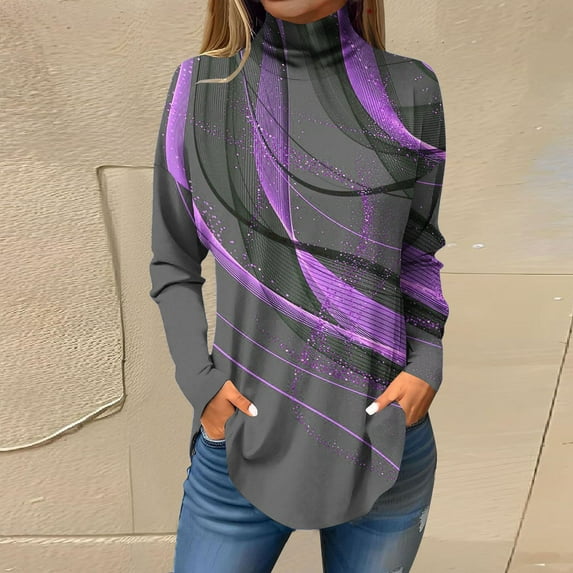 Somuwie Clearance Women's Fashion Printed Long Sleeve Printed Turtleneck Top T-shirt