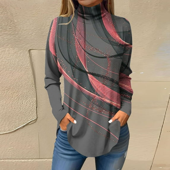 Somuwie Clearance Women's Fashion Printed Long Sleeve Printed Turtleneck Top T-shirt