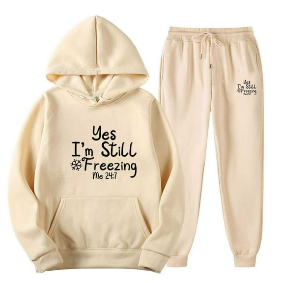 Somuwie Women's Letter Print Fashion Pocket Drawstring Sweatpants Hooded Long Sleeve Sweatshirt Two-piece Set