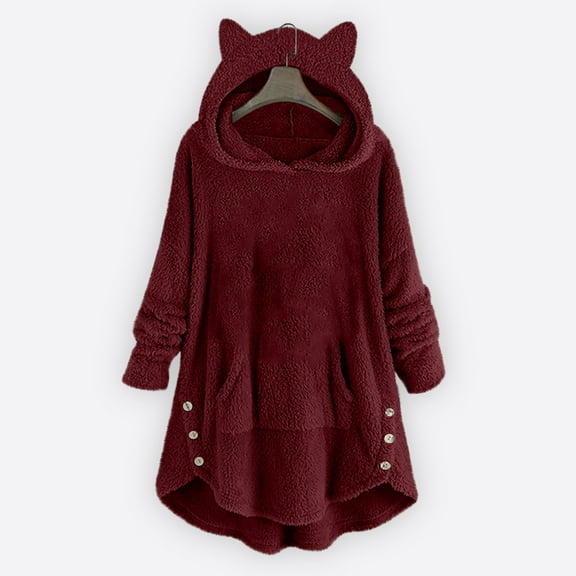 Somuwie Women's Solid Color Cat Ear Plush Button Long Sleeve Hooded Jacket