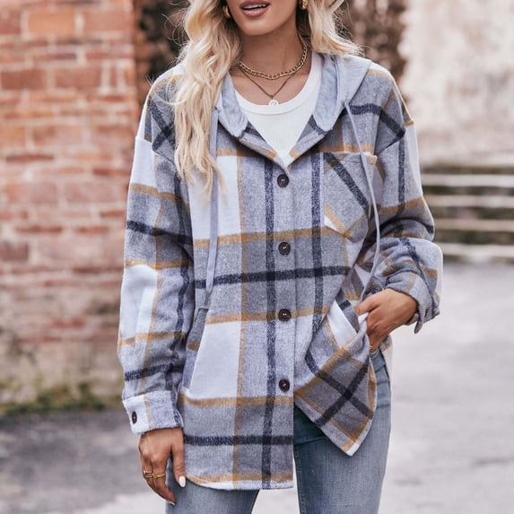 Somuwie Clearance Women's mid-length plaid print hooded pocket jacket casual plaid shirt