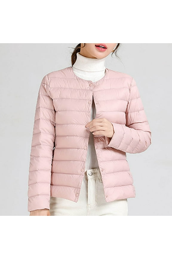Clearance Women's solid color lightweight down jacket round neck short jacket long sleeved cotton jacket