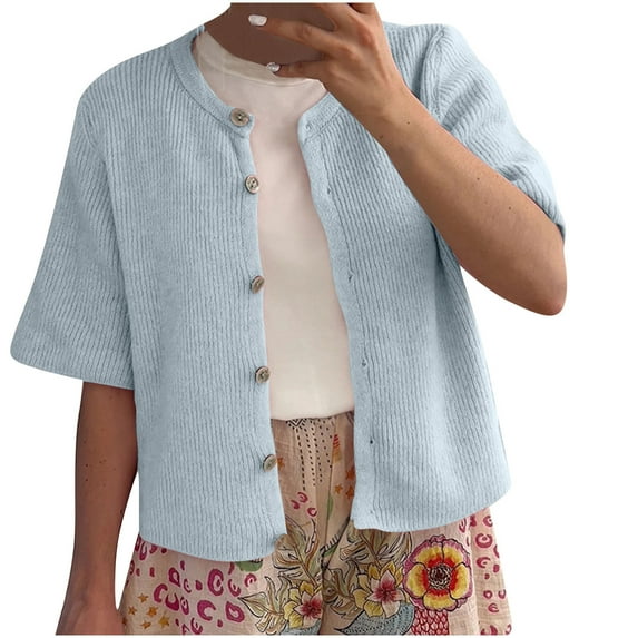 Somuwie Clearance Women's solid color round neck button half sleeve casual cardigan sweater