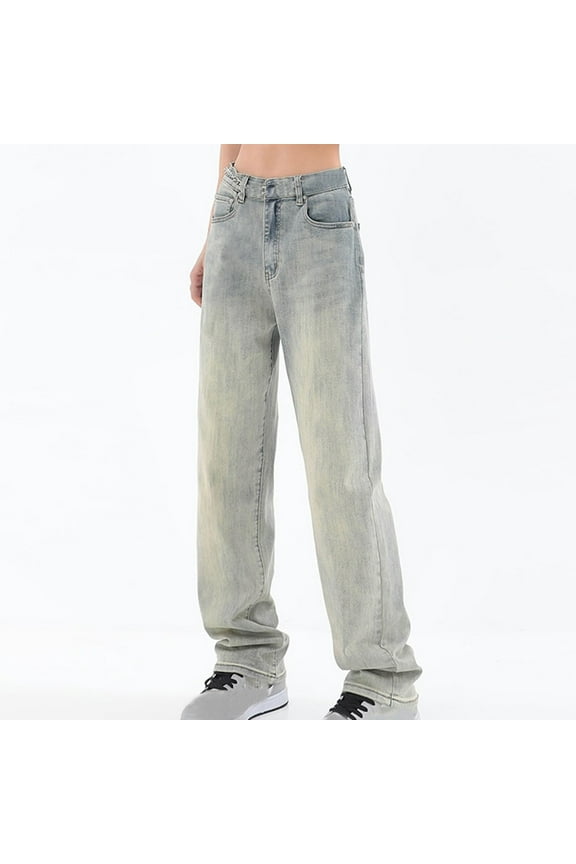 Clearance Women's street washed distressed casual high street trend yellow mud denim trousers
