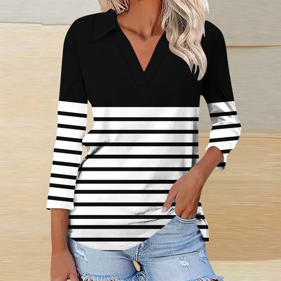 Somuwie Women's Black and White Striped T-shirt V-neck Lapel Three-quarter Sleeve 3/4 Sleeve Top