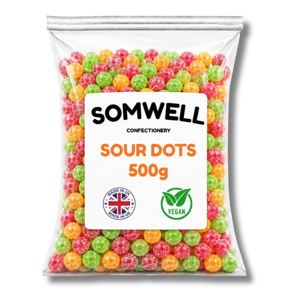 Somwell - Sour Dots 500g - Classic Traditional British Sweets - Chewy Fruit Flavoured Tangy Treats - Halal Sweets - Jelly Retro Candy for Assorted Pick & Mix and Parties - Suitable for Vegans