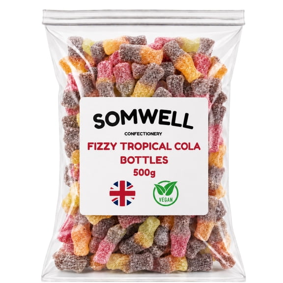 Somwell - Vegan Fizzy Tropical Cola Bottles 500g - Classic Traditional British Sweets - Chewy Fruit Flavoured Gummy Retro Candy, Halal Sweets Assorted Pick & Mix - Cherry Cola, Lime Cola & Mango Cola