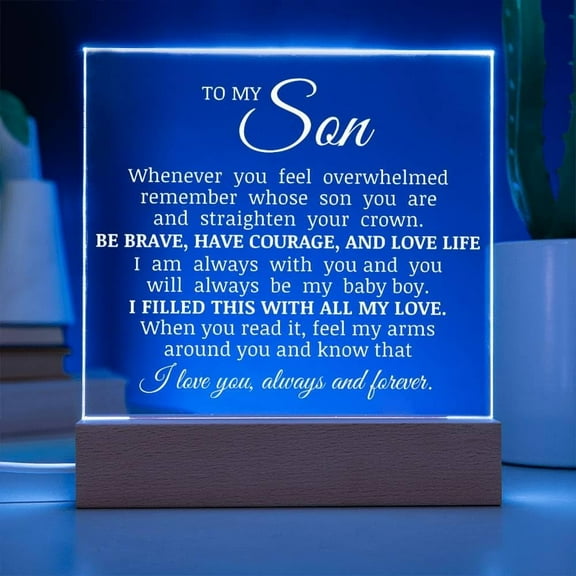 To My Son - Acrylic Plaque with LED Lights, Son Birthday Christmas Graduation Gift for Him, Sentimental Message on Plaque Display, Room Decorative Gift for Him
