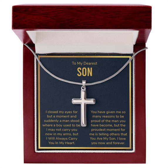 Son - Always In My Heart Cross Necklace - Artisan Cross Necklace - Gift Box & Message Card