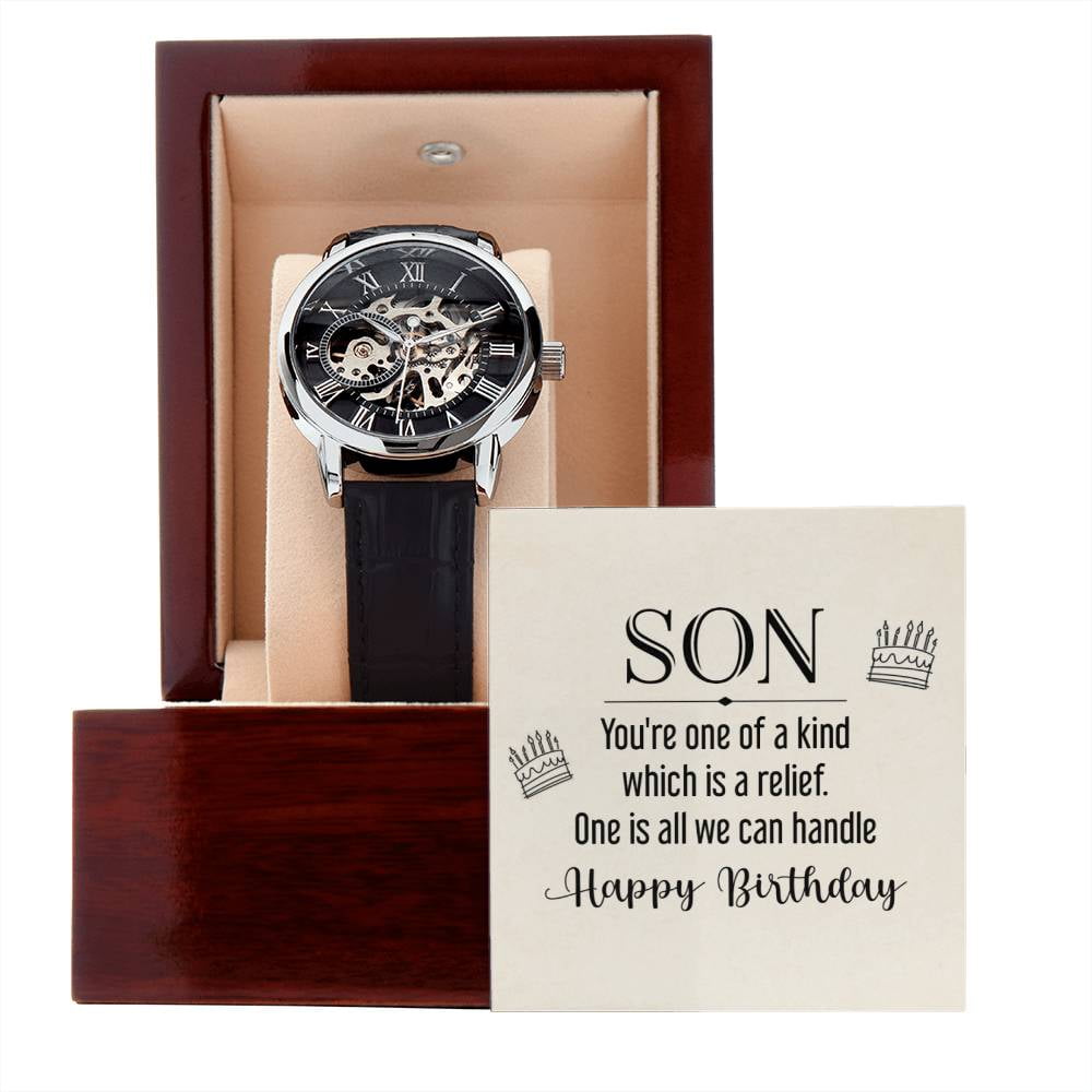 Son Birthday Gift from Mom Dad, Birthday Gift for Son, Birthday Watch Gift, Meaningful Gift, Unique Birthday Gift for Son, Birthday Watch - Men's Openwork Watch - Mahogany Gift Box