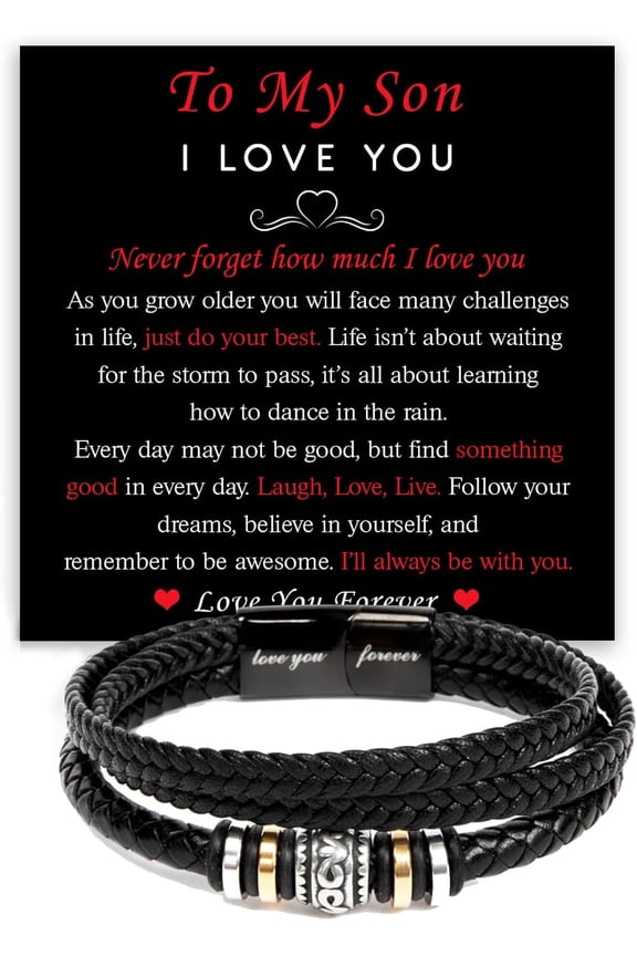 To My Son Bracelet From Father And Mother With Heartfelt Message & Elegant Box, Love You Forever Bracelet Braided Leather, Men's Gift For Son On Christmas, Graduation, Birthday