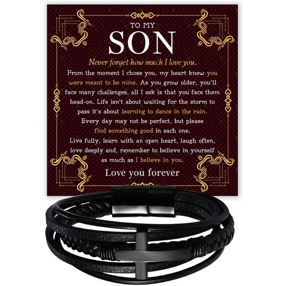 To My Son Bracelet From Father And Mother With Heartfelt Message & Elegant Box, Love You Forever Bracelet Braided Leather, Men's Gift For Son On Christmas, Graduation, Birthday