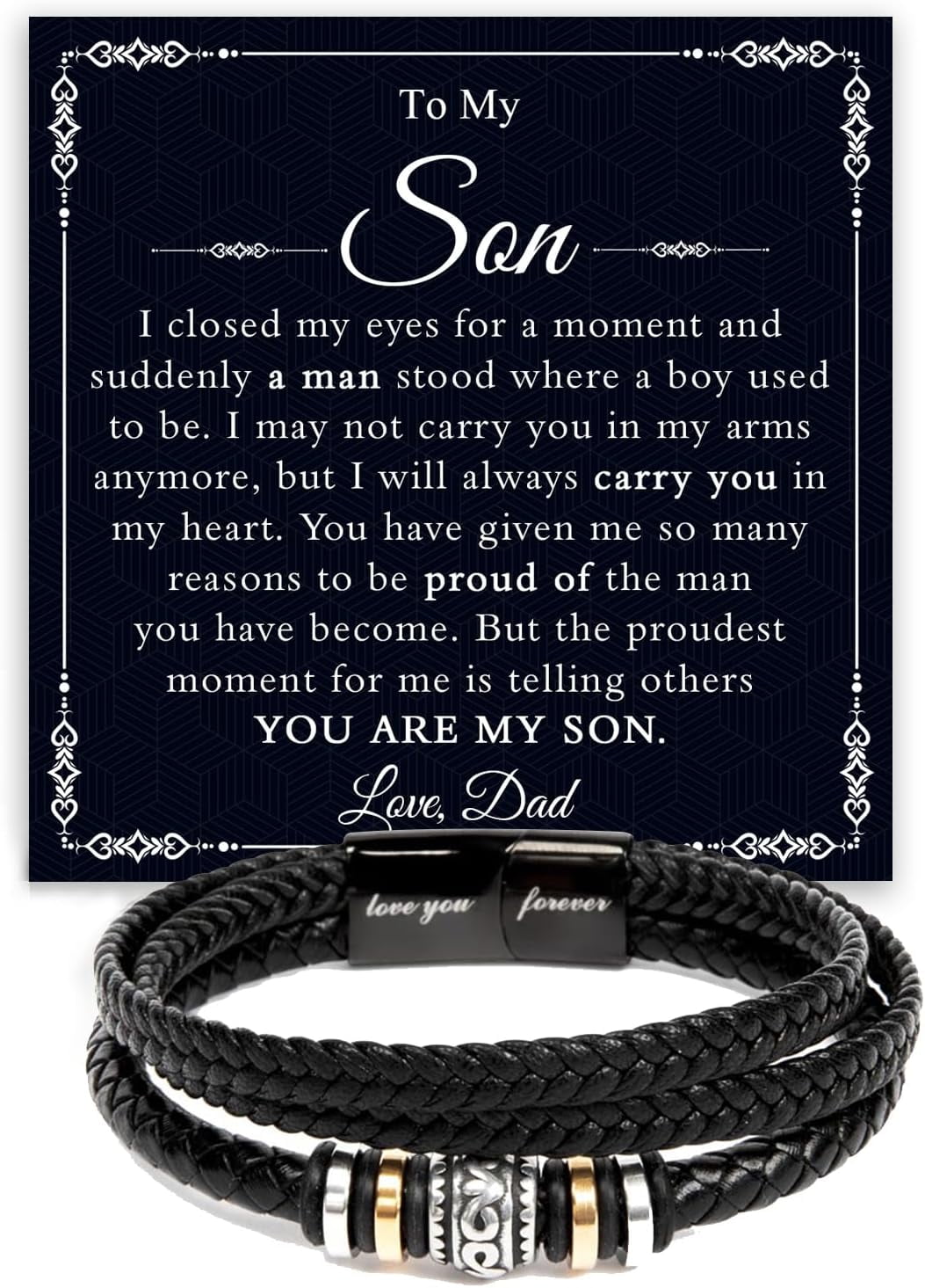To My Son Bracelet - Tiger Eye & Leather Protection Bracelet For Men, Engraved Gift From Mom