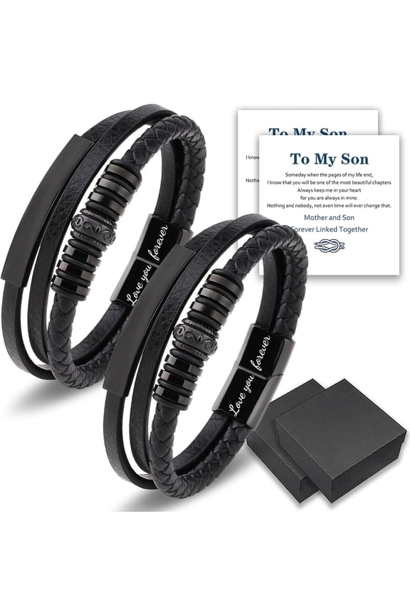 To My Son Bracelet, I Will Always Be With You" Braided Leather Bracelet, Stainless Steel Black Inspirational Wristband, Son Bracelet From Mom, Mens Leather Bracelets Braided