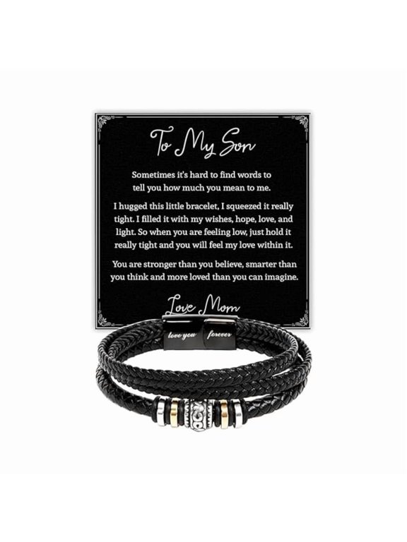 To My Son Bracelet from Mom, Black Braided Multi-Strand Bracelet with Inspirational Love Message Card, Birthday, Graduation, Christmas Gift for Teen Boys and Men