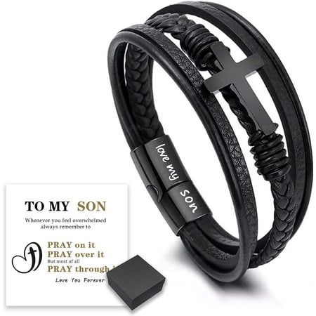To My Son Bracelet, Pray Through It Leather Cross Bracelet for Men, Stainless Steel Black Braided Leather Bracelet, Inspirational Faith Bangle, Son Bracelet from Mom/Dad