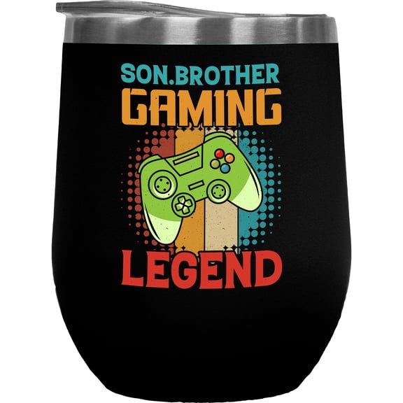 Son, Brother, Gaming Legend feat. a Game Controller - Video Gamer Bro Quote, Black 12oz Wine Tumbler