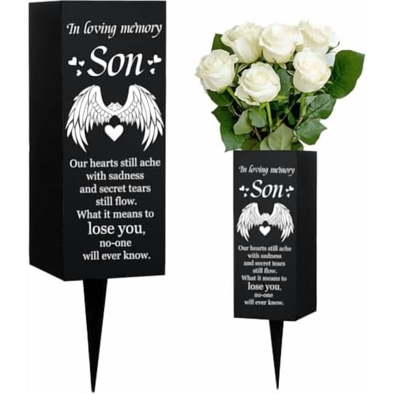 Son Cemetery Vase Decorations for Grave with Spikes Wings Heart Pattern Grave Metal Vases Decorations for Cemetery Funeral Father's Day Memorial Day Decor, 3.15x7.87 Inch(in Loving Memory Son)