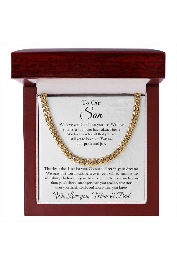 To Our Son Chain Necklace, Gift To Son From Mom and Dad, Birthday, Graduation Gift for Son, Cuban Link Chain, Stainless Steel or Yellow Gold, Message Card & Gift Box