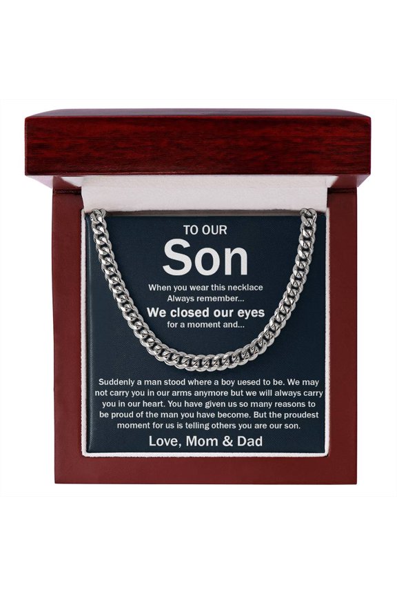 To Our Son Chain Necklace, Gifts for Son Birthday, Unique Gifts for Son from Mom Dad, Sentimental Son Gifts, Cuban Link Chain, Stainless Steel or Yellow Gold, Message Card & Gift Box