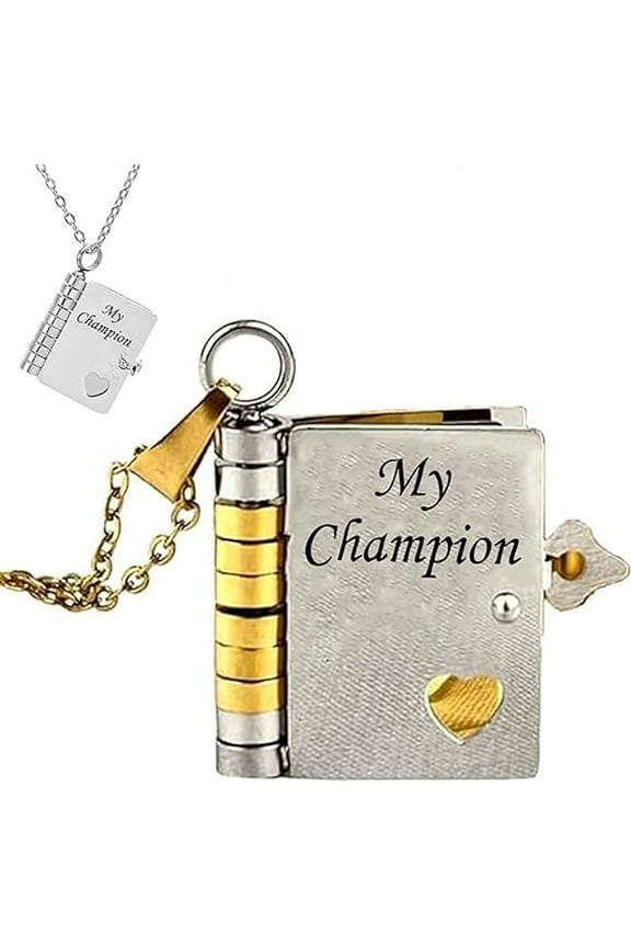 For Son - My Champion Book Necklace, "My Beloved Son" Chapter Book Necklace from Mom Dad, 2025 New Personalized Mini Engraved Necklaces with 6 Pages of Engraved Information(Gold Silver)