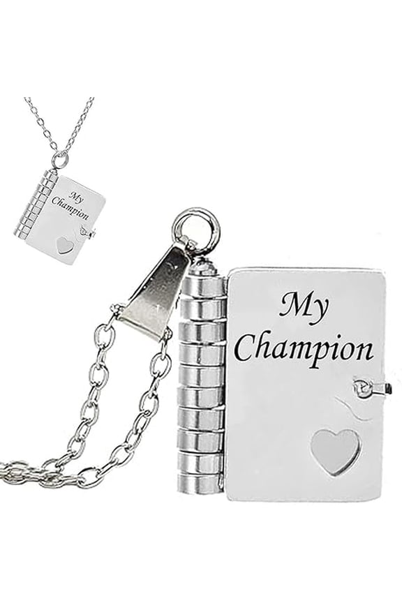 For Son - My Champion Book Necklace, "My Beloved Son" Chapter Book Necklace from Mom Dad, 2025 New Personalized Mini Engraved Necklaces with 6 Pages of Engraved Information(Silver)