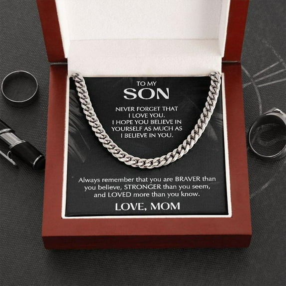 To My Son Cuban Chain, Necklace From Mom, Mother To Son Birthday Gift With Message Card & Led Box, Mother's day Gift Necklace With Meaningful Message Card Inside & Box