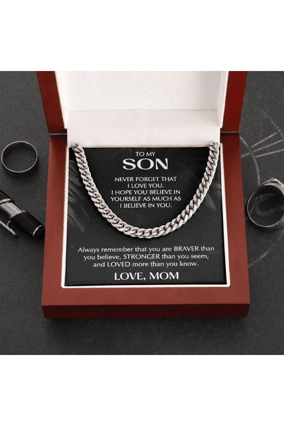 To My Son Cuban Chain, Necklace From Mom, Mother To Son Birthday Gift With Message Card & Led Box, Mother's day Gift Necklace With Meaningful Message Card Inside & Box