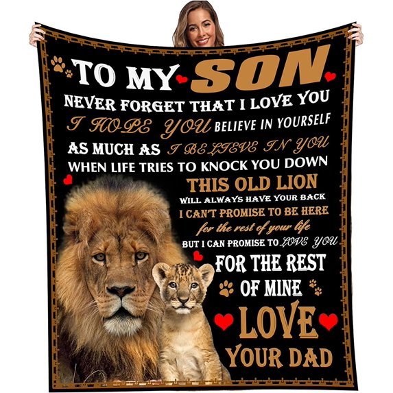 to My Son from Dad Flannel Blankets Soft Lion Throw Blankets Fit Bed Couch Sofa Custom Plush Blanket Gift for Birthday Christmas Family Holiday 50"x 60"