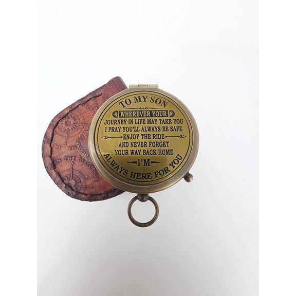 To My Son Engraved Brass Pocket Compass with Leather Case, Inspirational Gift from Mom or Dad, Vintage Navigational Compass, Graduation Birthday Christmas Gift for Son