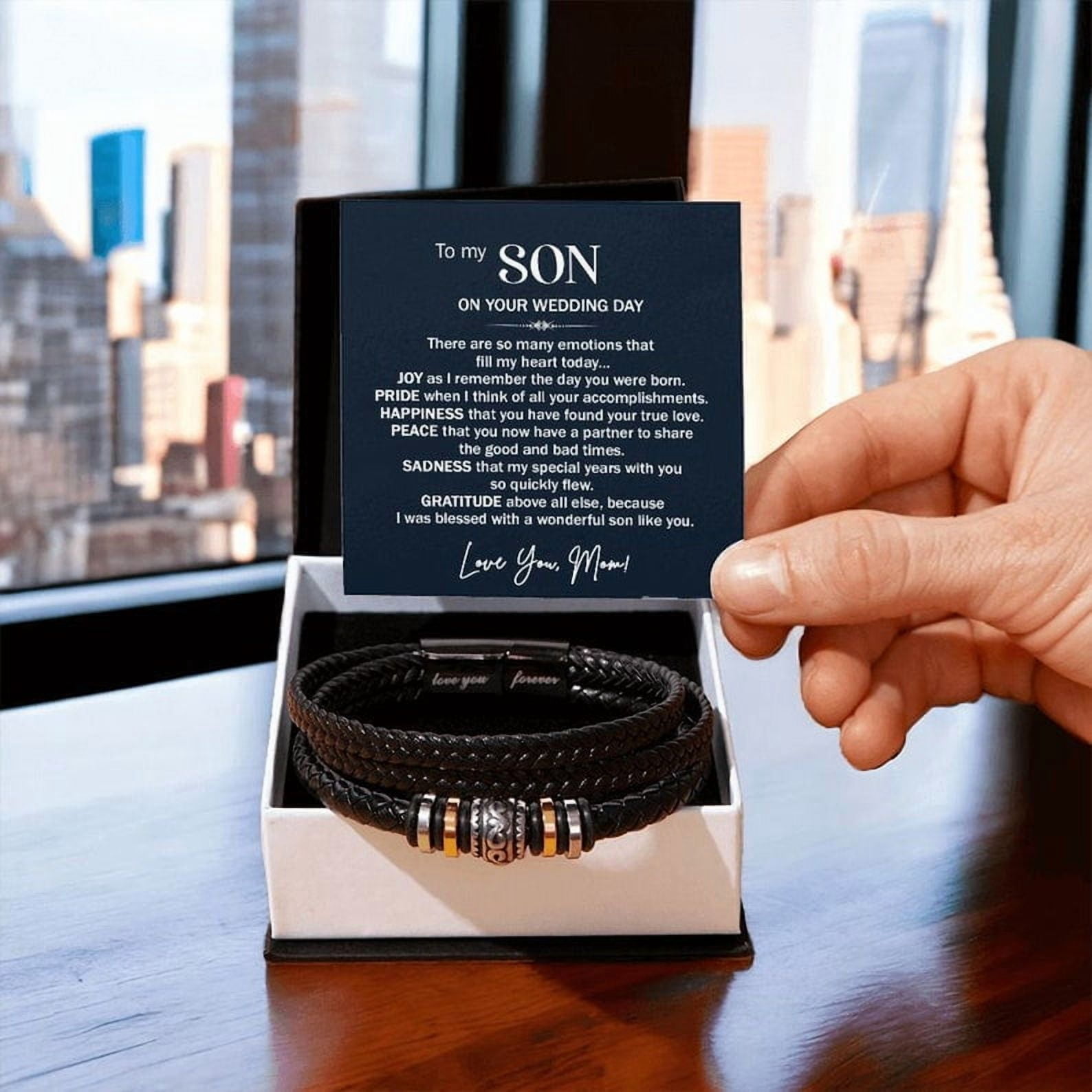 Son Getting Married Gift from Mom, Leather Bracelet Gift To Son On Wedding Day, Wedding Gifts for Son from Mom, Mom To Groom Bracelet, Bracelet for Son from Mother with Personalized Card and Box