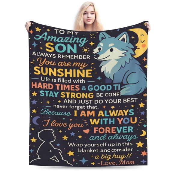 Son Gift Blanket from Mom, Birthday Graduation Gifts for Him, to My Son Blanket, Son Gifts from Mother in Mother's Father's Day, Wolf Throws Blanket, Soft Flannel Blanket 50x40