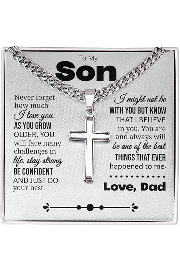 To My Son Gift, Cuban Chain with Cross Necklace, Sentimental Jewelry from Dad, Thoughtful Keepsake for Son, Inspirational Jewelry Message Card with Gift Box
