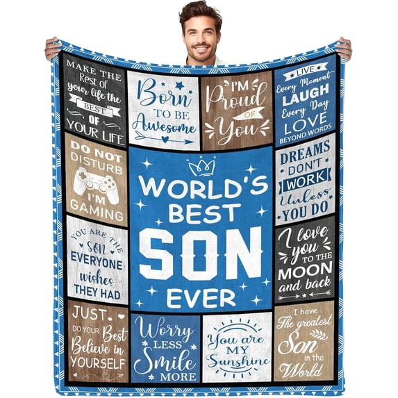 Son Gifts from Mom Dad, World's Best Son Ever Gift Blanket 60"x 50", Grown Gifts for Son Adult, Graduation Christmas Wedding Birthday Gift Ideas for Son Soft Flannel Blanket