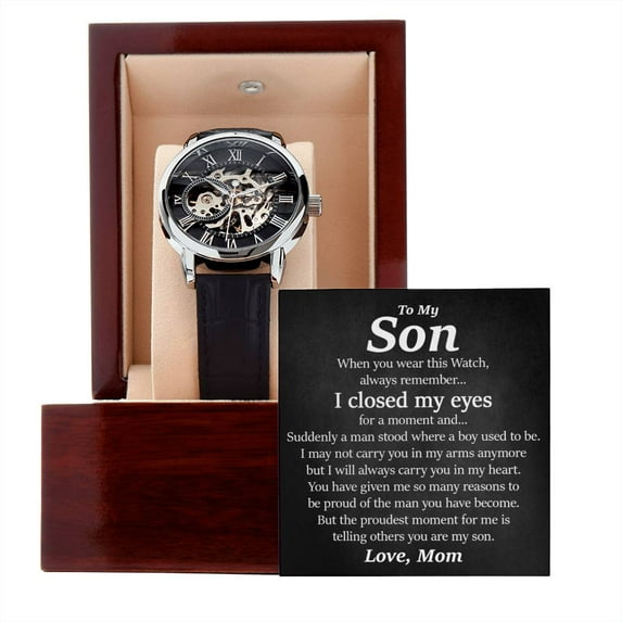 Son Gifts from Mom, Son Openwork Watch, Mother to Son Gifts, Gifts for Son Birthday, Unique Gifts for Son from Mother - Men's Openwork Watch - Mahogany Gift Box