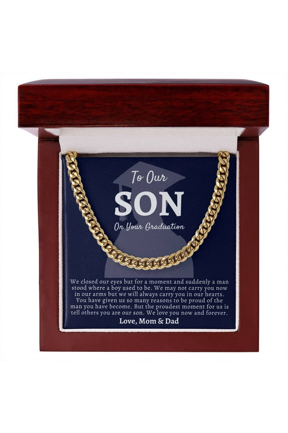 Son Graduation Gift, Chain Necklace, Sentimental Gift for Our Son, Graduation Jewelry, Unique Son Gift, Gift from Parents, Cuban Link Chain, Stainless Steel or Yellow Gold, Message Card & Gift Box