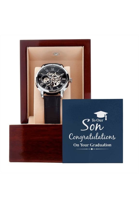 To Our Son, Graduation Gift for Son, Gift for Son from Parents, Gift from Mom & Dad, Luxury Openwork Watch for Son Graduation - Men's Openwork Watch - Mahogany Gift Box