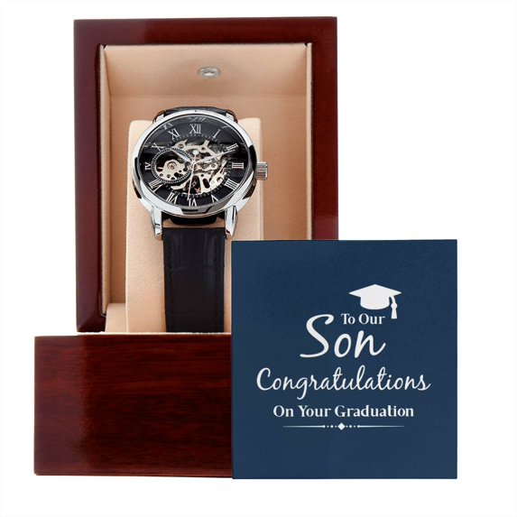 To Our Son, Graduation Gift for Son, Gift for Son from Parents, Gift from Mom & Dad, Luxury Openwork Watch for Son Graduation - Men's Openwork Watch - Mahogany Gift Box