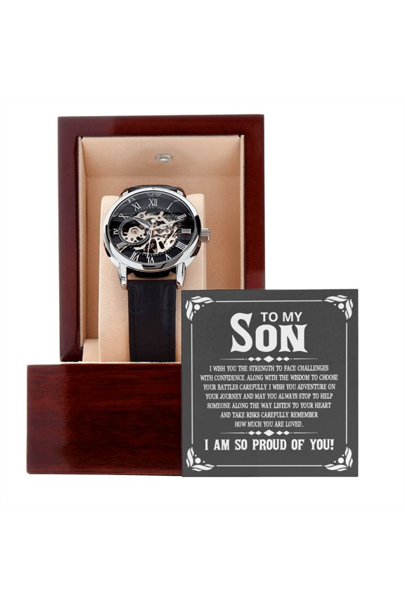 To My Son, Graduation Gift for Son, Gift for Son from Parents, Gift from Mom & Dad, Luxury Openwork Watch for Son Graduation - Men's Openwork Watch - Mahogany Gift Box