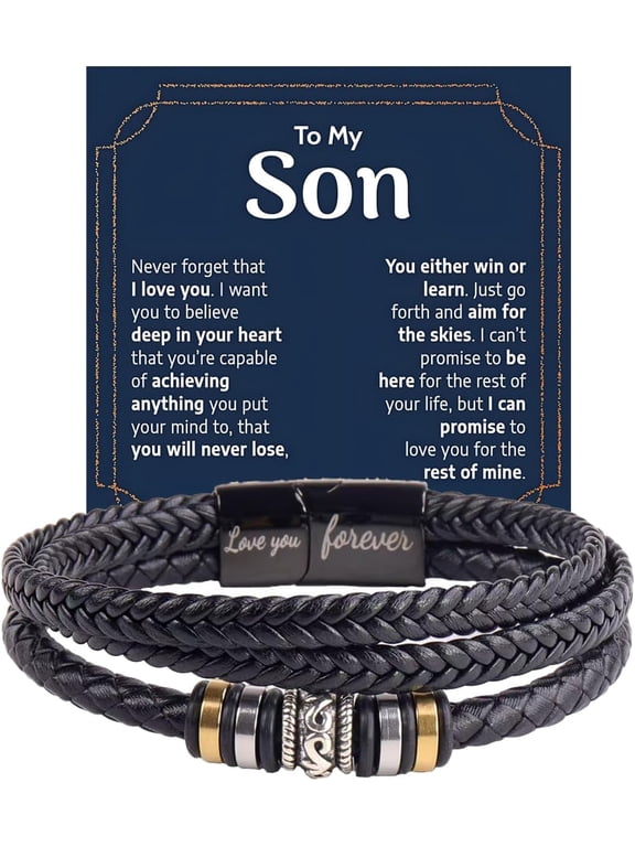 To My Son/Grandson Bracelet From Mom Grandmother, Forever Linked Together Black Braided Leather Infinity Knot Inspirational Bracelets Engraved Love You Forever Birthday Gift Jewelry